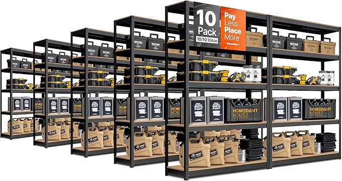 HOMEDANT House 5 Tier Laminated Metal Shelving Unit Adjustable Storage Utility Rack Heavy Duty Shelves Organization Multipurpose Shelf Kitchen Garage Pantry Closet (10, (L) 48.1" W, Black)