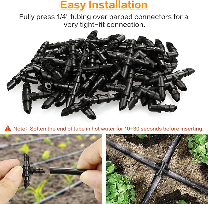 Drip Irrigation Cross Fittings: 45 Pieces Barbed 4-Way Cross Irrigation Parts with Sharp End Fits for 1/4 Inch Drip Tubing Line Tee Connectors for Garden Lawn