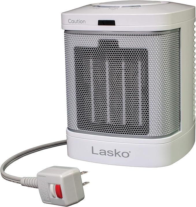Lasko Portable Electric Ceramic Space Heater with ALCI Plug for Bathroom Use, 2 Heat Settings and Simple Heat Button, 8 Inches, White, 1500W, CD08200
