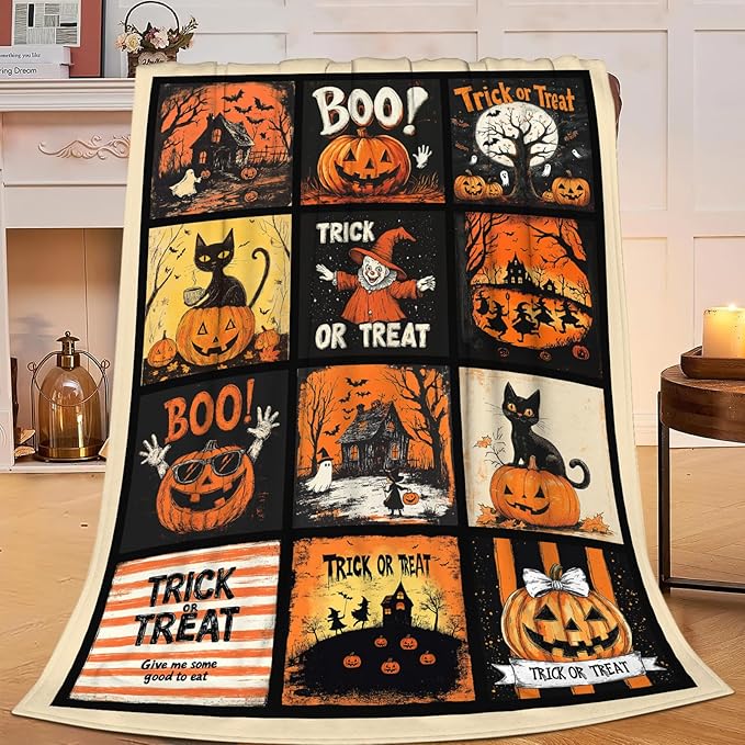 Halloween Blanket, Pumpkin Black Cat Fleece Flannel Throw Blanket, Trick or Treat Soft Lightweight Stuff Throws Gifts for Women Men Boys Girls Lovers Adults Lovers Sofa Decor 60"x50"