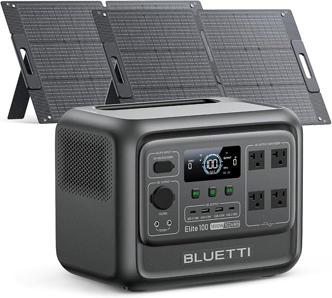 BLUETTI Solar Generator Elite 100 V2 (2025 New) with 2×100W Solar Panels Included, 1024Wh Portable Power Station w/ 2 1800W AC Outlets, 35% Smaller, Ideal for Camping, Emergencies, Backup Power