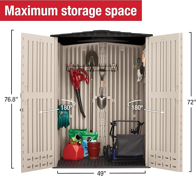 Rubbermaid Medium Vertical Resin Outdoor Storage Shed With Floor (4.3 x 4.6 Ft), Weather Resistant, Beige/Brown, Organization for Home/Backyard/Garden Tools/Lawn Mower/Bike Storage/Pool Supplies