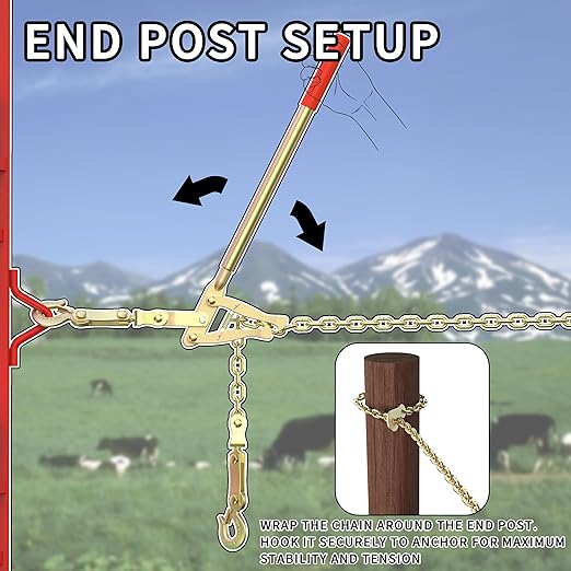 Heavy-Duty Chain Link Fence Stretcher Tool with 19.7FT Chain – 2200 lbs Wire Puller & Tensioner for Barbed Wire, Farm Fencing, Ranch, and Fence Repair (FenceBarStretcher)