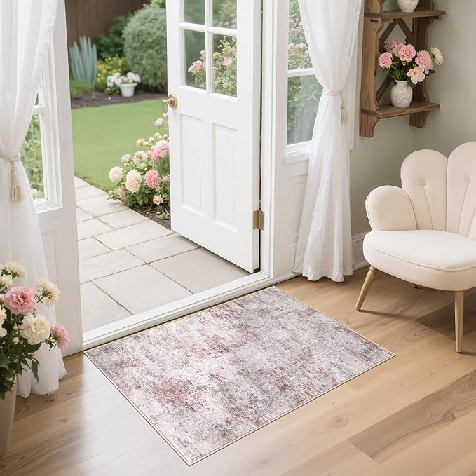 2x3 Area Rug Living Room Rugs - Washable Neutral Modern Abstract Soft Thin Large Rug Indoor Floor No Slip Rug Carpet for Bedroom Under Dining Table Home Office Decor - Pink Grey