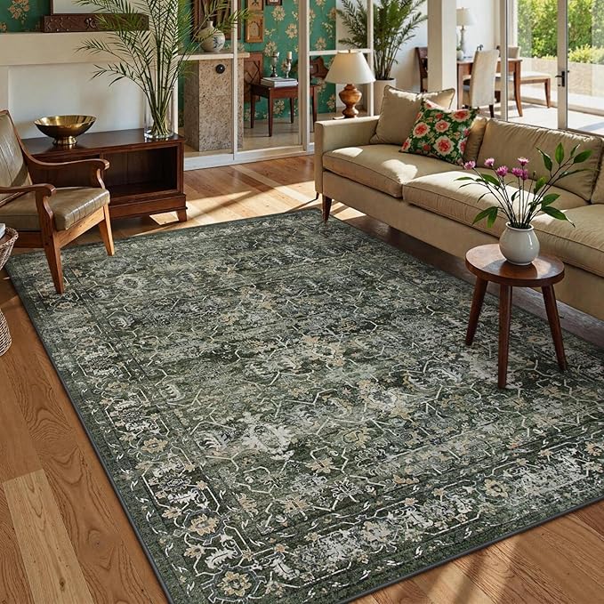 Lahome Washable Area Rugs 5x7 Green Rugs for Living Room,Boho Rug for Bedroom,Dining Room Carpet for Under Table, Distressed Non Slip Low Pile Carpet for Indoor Home Office Nursery(5'x7',Green)