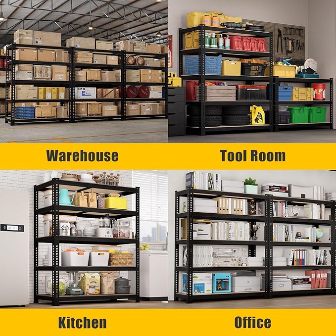 71"H x 35.5"W x 16"D 5-Tier Metal Storage Shelves: Heavy Duty Garage Shelving Adjustable Shelves for Storage - Black Utility Rack Shelf for Pantry, Warehouse, Closet, Office, Kitchen