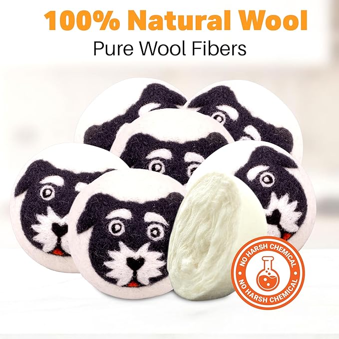 Wool Dryer Balls 6-Pack 100% Natural New Zealand Wool, Handmade in Nepal Reusable Laundry Balls, Faster Drying, Softer Clothes, Anti-Static, Dryer Sheets Alternative (Black White, Dog)