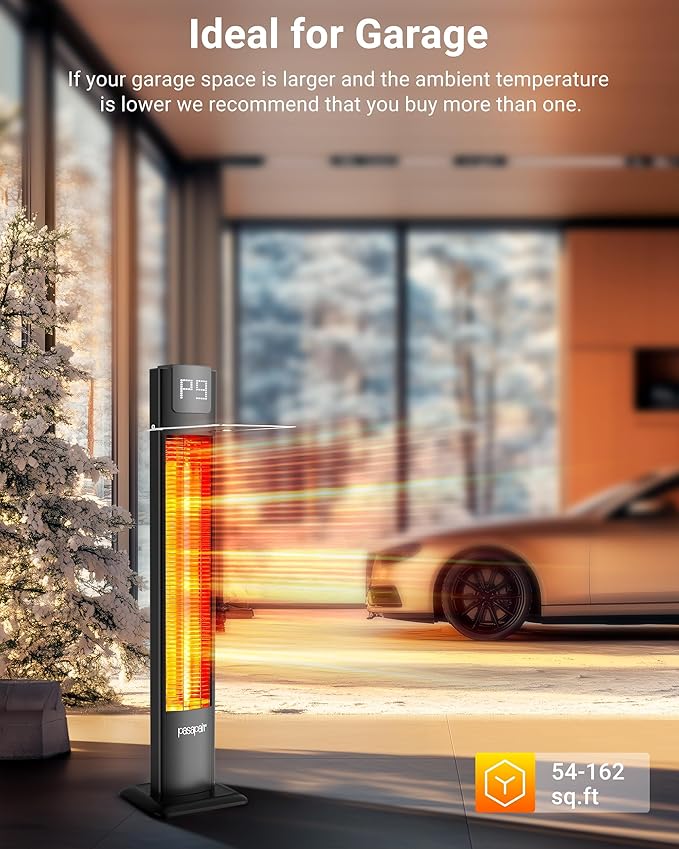 Pasapair 42" Outdoor Patio Heater - 1500W Infrared Tower Heater with Remote 12 Heat Levels and 9H Timer - IP55 ETL Certified for Garage, Indoor, Porch