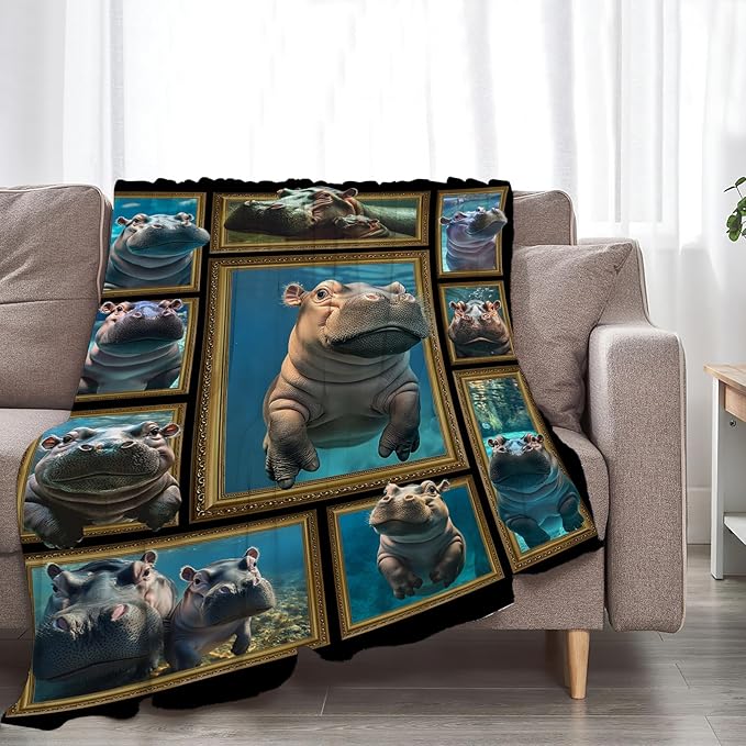 Hippo Throw Blanket - Ultra Soft Cozy Cute Fleece Fuzzy Plush Hippo Lovers Decor Gifts for Women Girls Adults - Couch Sofa 50"x40"