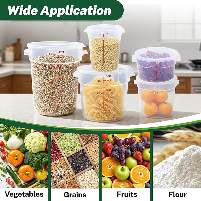 Round Food Storage Container with Lid, 4 Qt Translucent, Commercial 4 Pack of – NSF Listed, BPA-Free, Polypropylene, Non-Stick, Scale, with Labels & Measuring Cups