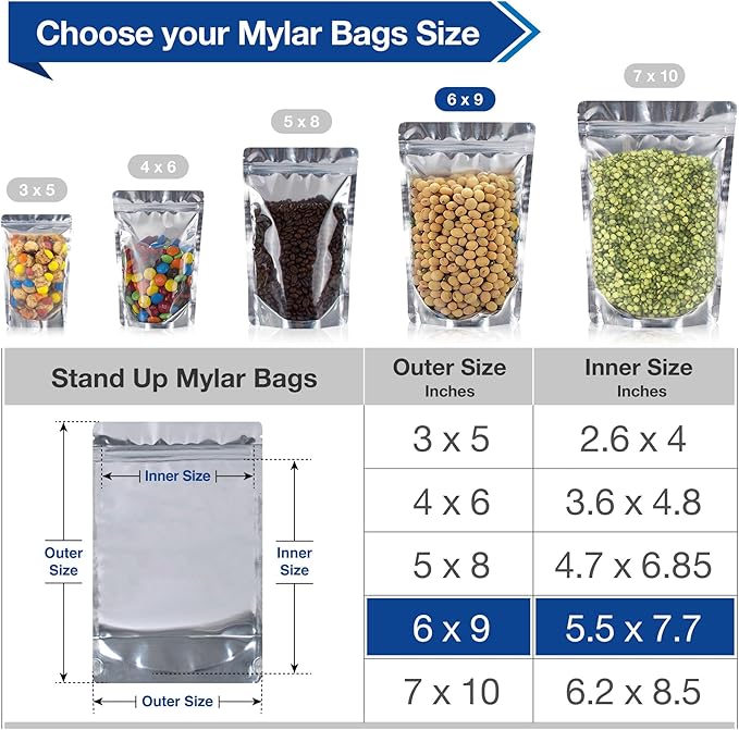 BELLE KR® 6x9 Mylar Bags Stand Up - Pack Of 100-7.5mil Thick - Clear Mylar Bags with See Through Window for Freeze Drying Food - Bonus Labels Included