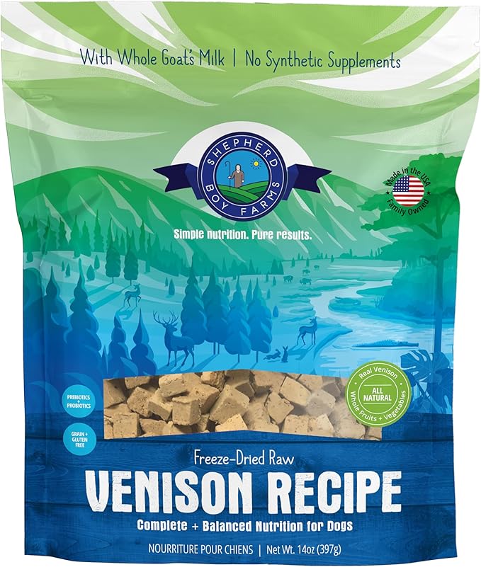 Shepherd Boy Farms Freeze Dried Raw Dog Food, Venison Recipe, All Natural, No Synthetics, Made in USA with Goat's Milk & Organic Produce, High Protein, Complete Meal (14oz)