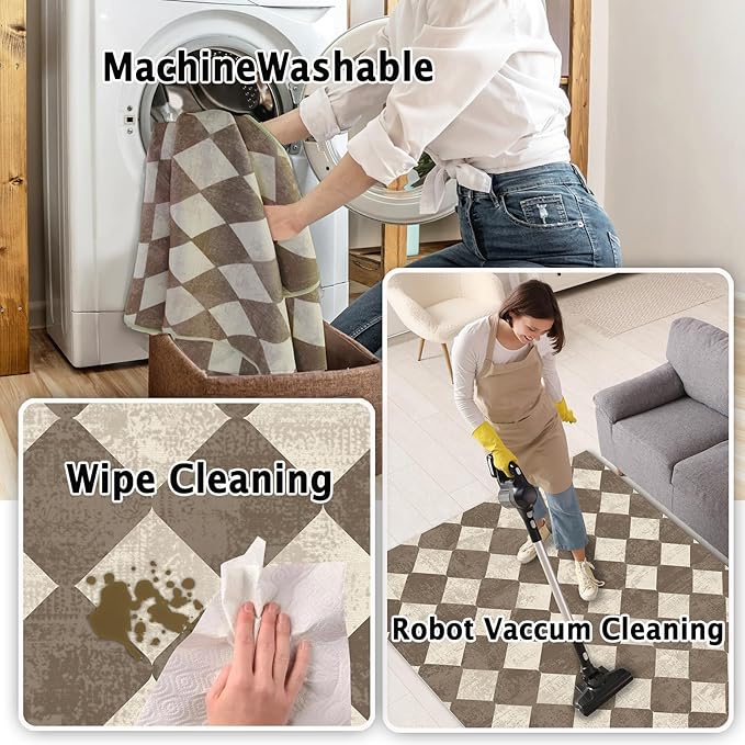 Washable Checkered Brown Neutral Diamond Geometry Area Rugs 5x7 Modern Soft Large Carpet for Living Room Entryway Bedroom Farmhouse Non-Slip