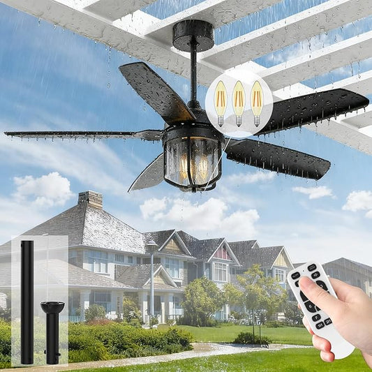52 inch Outdoor Ceiling Fans with Lights for Patios, IP65 Waterproof Ceiling Fan with Remote and 6-Speed DC Motor, Gazebo Ceiling Fan for Porch Pavilion Farmhouse Black (Included 3pcs Bulb)