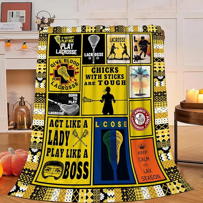 Lacrosse Blanket, Lacrosse Throw Blanket, Sports Gifts Blankets Stuff Fleece Flannel Plush for Girls Women Men Boys Lovers Adults Soft Bedding Gift for Sofa Bed Office Home Decor 80"x60"
