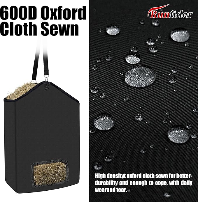 2-Pack Hanging Hay Feeder Bags, 19.7x17.7x6 Inch Slow Feed Hay Net for Horses, Goats, Cows, Alpacas, Durable Oxford Cloth with Metal Rings & Strap, Reduce Waste & Keep Feed Dry