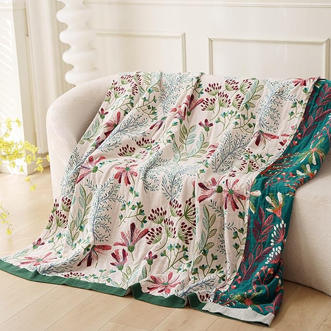 Boho Throw Blanket, 100% Cotton Ultra Soft Luxury Throw Rustic Quilt, Muslin Breathable Soft Bed Throw ，All Throw for Sofa Couch Chair 60x80 Inch