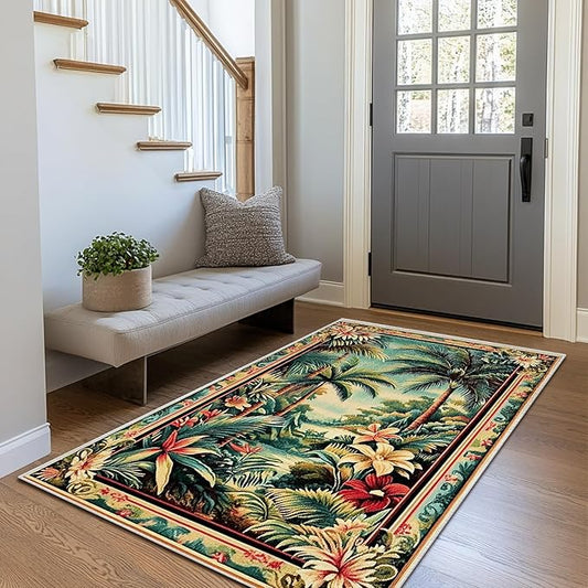 3x5 Tropical Rainforest Area Rugs Boho Forest Rug for Bathroom Kitchen Entryway Indoor Soft Non-Slip Thin Hippie Carpet Small Green Doormat for Office Dining Room Under Table Washable Machine