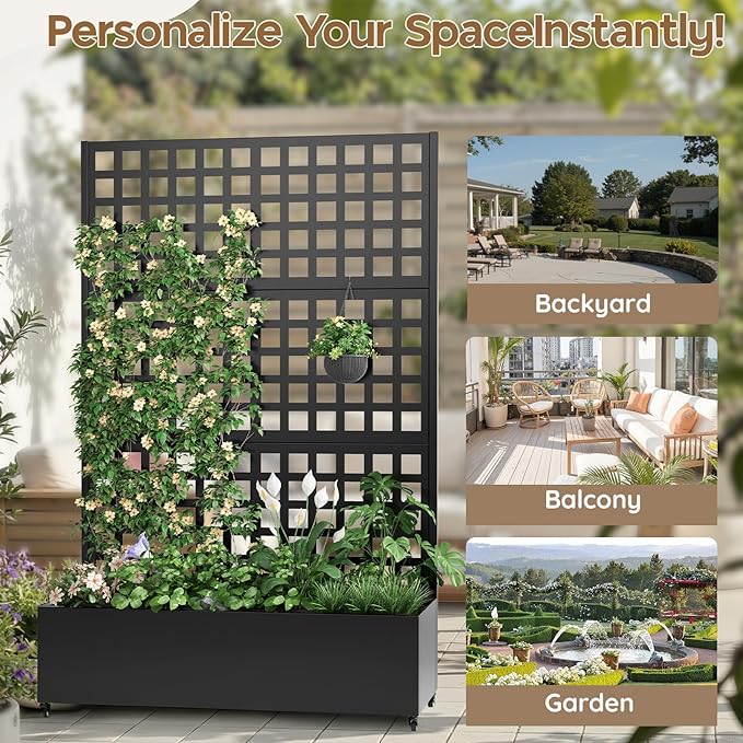Metal Planter with Trellis& Wheels 72" x 47"x 15.7" Raised Garden Bed with Trellis,Privacy Planters for Patio,Garden Bed for Climbing Plants,Suitable for Climbing Plants and Vegetables,Black