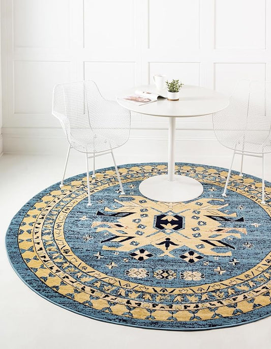 Unique Loom Taftan Collection Border Geometric Tribal Inspired Design Area Rug (8' 0 x 8' 0 Round, Light Blue/ Gold)