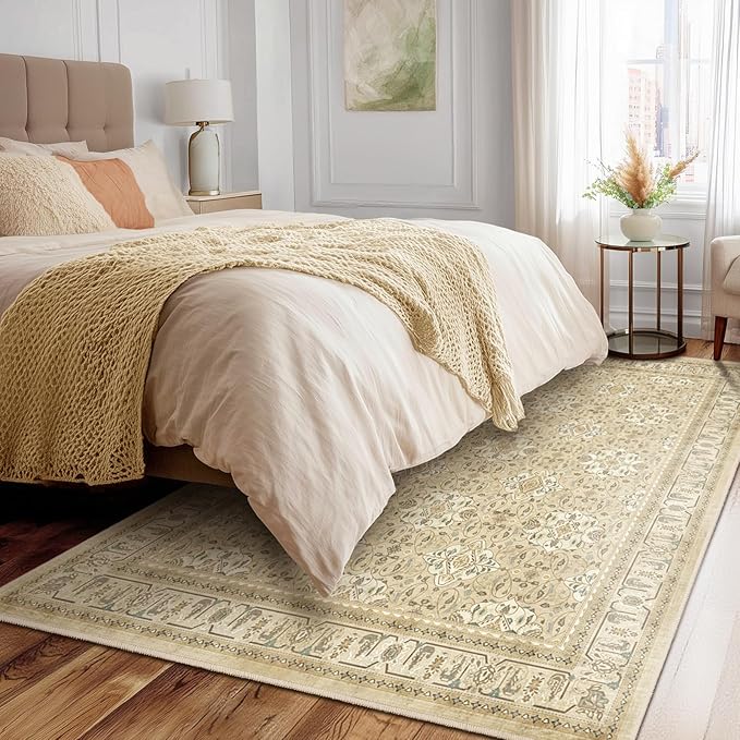 Boho Neutral 6x9 Area Rug, Non Slip Washable Rugs for Living Room Bedroom Low Pile Thin, Floral Moroccan Pattern Printed Carpet Rug for Dining Room Home Office Nursery Playroom, Warm Beige