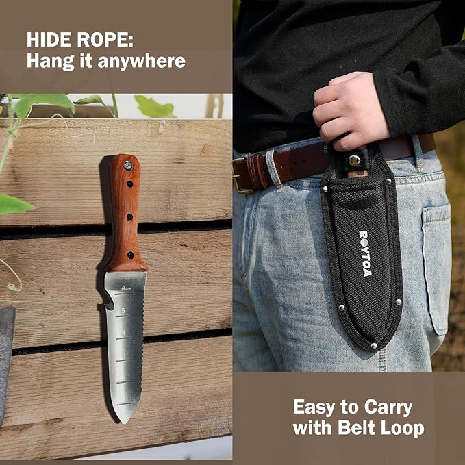 Hori Hori Garden Knife, Garden Tools with Sheath for Weeding,Planting,Digging, 7" Stainless Steel Blade with Cutting Edge, Full-Tang Rosewood Handle with Hanging Hole