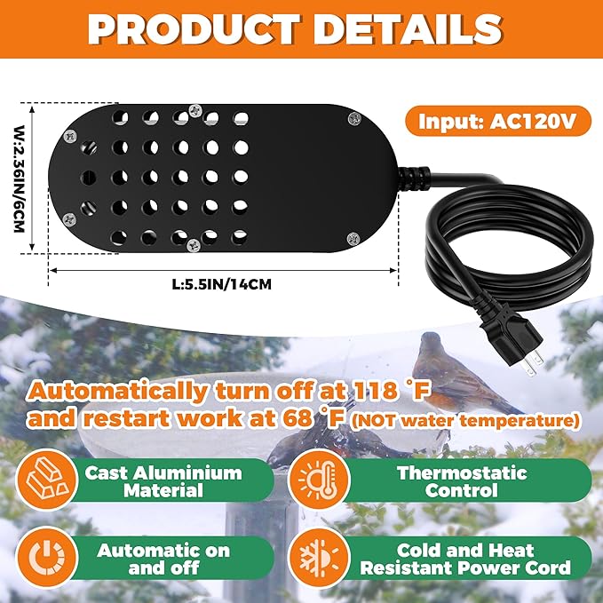 Chicken Waterer Heater, 250W Submersible Poultry Waterer Heater Bird Bath Heater, Thermostatic Control Chicken Waterer Deicer Ice Melter for Bird Duck Goose Cow to Drink Warm Water