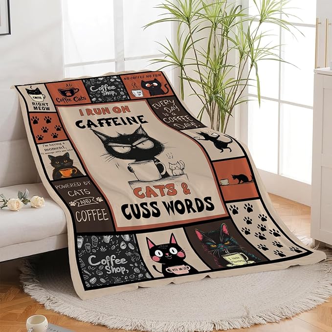 Coffee Blanket, Black Cat Coffee Throw Blanket, Cafe Gifts Blankets Stuff Fleece Flannel Plush for Girls Women Men Boys Lovers Adults Soft Bedding Gift for Sofa Bed Office Home Decor 80"x60"