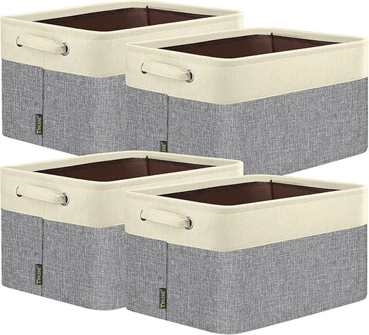 BALEINE 4 Pack Fabric Storage Bins for Shelves, Linen Storage Baskets for Organizing, Decorative Closet Bins for Clothes, Home (Grey, 17''x13''x10.5'')