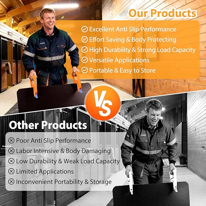 Heavy Duty Stall Mat Grippers, Pair of 2 Mat Mover Tools, 300LBS Capacity, Effortless Rubber Mat Remover for Stalls, Barn & Gym, Saves Back & Hands, For Soft, Thick, Uneven-Surface Rubber Mats