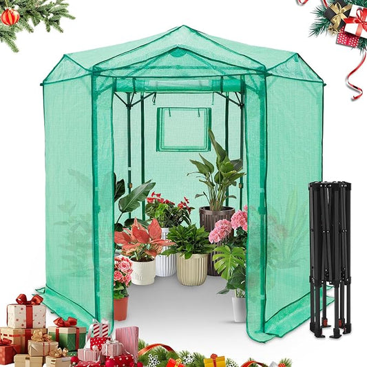 EAGLE PEAK 6.6x6.6 ft Hexagon Pop up Greenhouse, Portable Walk-in Grow Tent for Seed Starting, Garden Plants, Indoor Outdoor Green House, All-Weather Plant Shelter, PE Cover, Green/Clear