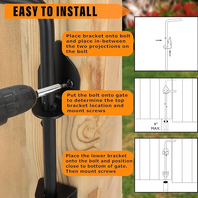 12" Heavy Duty Cane Bolt Gate Drop Rod-Steel Gate Ground Latch Designed for Wood Metal Vinyl Gates or Double Doors Fence Applications