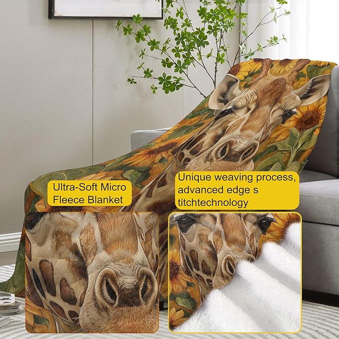Giraffe Blanket, 50"x60" Sunflower Giraffe Fleece Throw for Kids & Adults, Ultra-Soft and Warm Home Decor Blanket, Giraffe Gifts