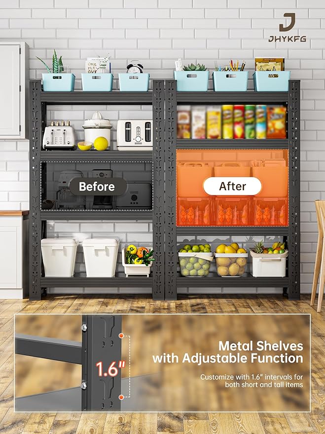 4-Tier Storage Shelves,63" H Heavy-Duty Garage Shelving Unit,Adjustable Industrial Metal Shelf System,3,000lbs Capacity,Tool Organizer for Garage,Workshop,32" W*20" D*63" H,Black