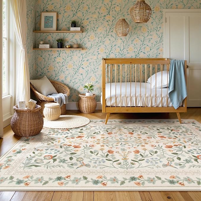 Lahome Floral Area Rug 9x12, Non-Slip Untra-Thin Washable Living Room Rugs, Vintage Botanical Print Low-Pile Soft Botanical Rug for Bedroom Dining Room Office, Beige