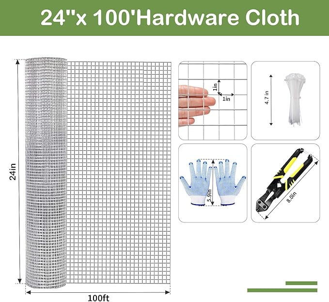 Tongmo 24" x 100' Hardware Cloth, 1inch Mesh Galvanized Chicken Wire Fence, 19 Gauge Welded Wire Roll,Garden Fence, Poultry Netting for Rabbit/Duck/Chicken Coop