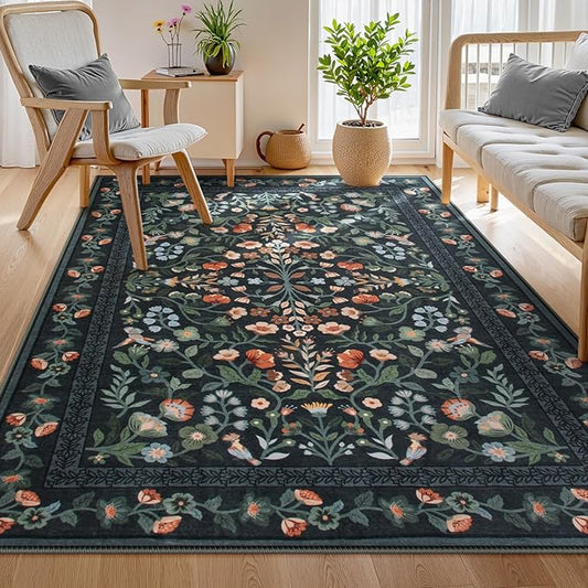 Lahome 9x12 Rugs for Living Room, Non-Slip Stain Resistant Dining Room Rug Washable Untra-Thin Soft Large Carpet, Vintage Botanical Print Low-Pile Carpet for Bedroom Office, Black