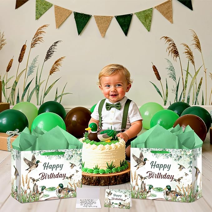 Wayyogh Mallard Duck Hunting Birthday Party Gift Bag Decorations One Lucky Duck Gift Bag with Wrapping Paper & Greeting Card for One Lucky Duck Birthday Party Baby Shower Supplies Decor Decorations