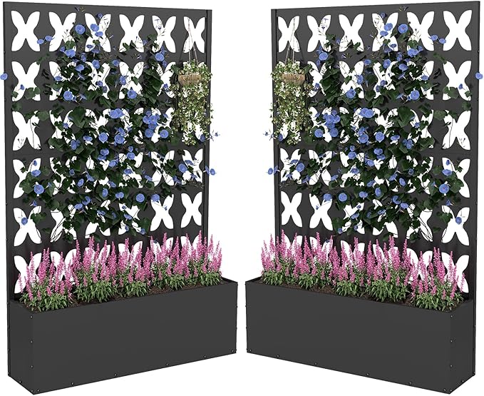 2PCS Metal Planter Box with Trellis,70.9"x47.2"x15.7" Raised Garden Bed with Drainage Holes, Privacy Planters for Outdoor Garden Bed for Climbing Plants,Vegetables,and Vines, Black-X