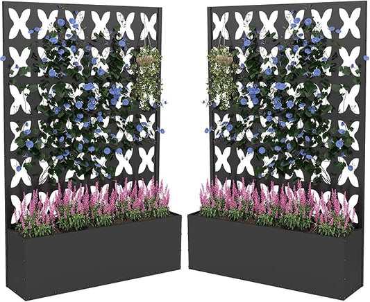 2PCS Metal Planter Box with Trellis,70.9"x47.2"x15.7" Raised Garden Bed with Drainage Holes, Privacy Planters for Outdoor Garden Bed for Climbing Plants,Vegetables,and Vines, Black-X