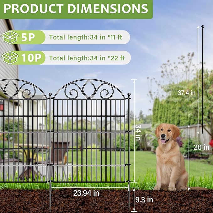 5 Panels No Dig Tall Garden Fence with Gate – 34" H X 11' L Rustproof Metal Dog Fence Outdoor for Yard, Decorative Animal Barrier Fence for Pet, Garden Border, Patio, Flower | Temporary Fencing