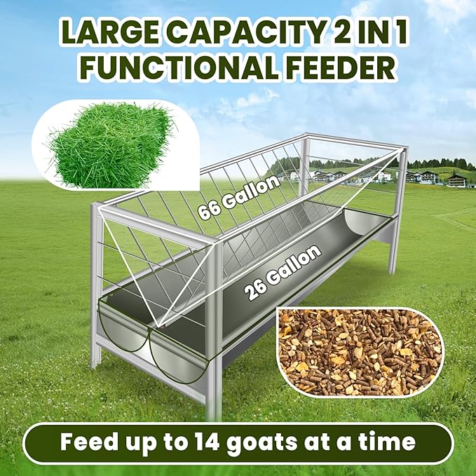 Goat Feeder, 92 Gallon Hay Feeder, Stainless Steel Livestock Hay Feeder, Sheep Feeder Trough for Barn or Outdoor Use, Free Returns!