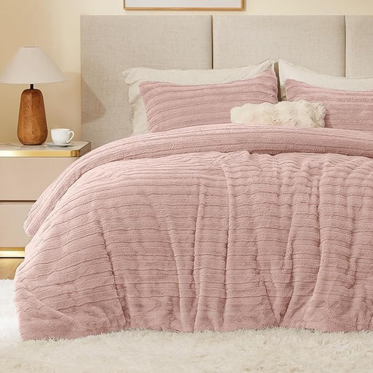 BEDELITE Fleece Queen Comforter Set -Super Soft & Warm Fluffy Pink Faux Fur Bedding, Luxury Fuzzy Heavy Bed Set for Winter with 2 Pillow Cases