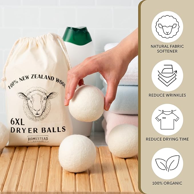 XL Wool Dryer Balls 6-Pack – 100% New Zealand Wool, Natural Fabric Softener & Static Reducer, Reusable Laundry Balls for Pet Hair, Eco-Friendly Dryer Sheets Alternative