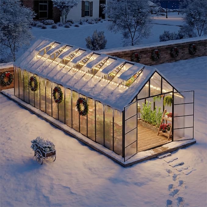 10'x10'x32' Snap-Together Greenhouse - Easy 3-Way Connectors, Heavy-Duty Aluminum Frame, Wind/Snow Resistant for Gardening/Urban Farming, Includes Sliding Door & Ventilation Windows