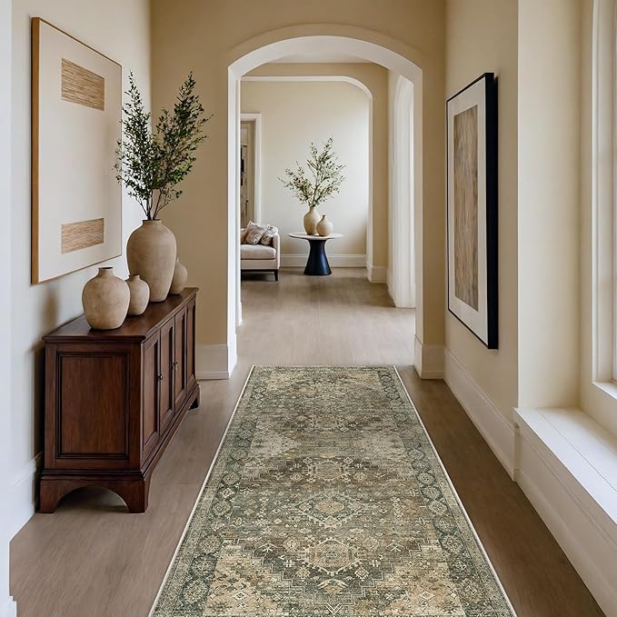 GENIMO 2x5 Washable Runner Rug for Hallway, Vintage Non Slip Low Pile Carpet, Soft Lightweight Printed Rug for Entryway, Kitchen, Corridor & Home Office, Green Khaki