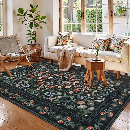 Lahome Floral Washable Rug 5x7, Black Rug for Bedroom Non-Slip Stain Resistant Soft Carpet for Living Room, Vintage Botanical Print Low-Pile Carpet for Kitchen Office Entryway, Black