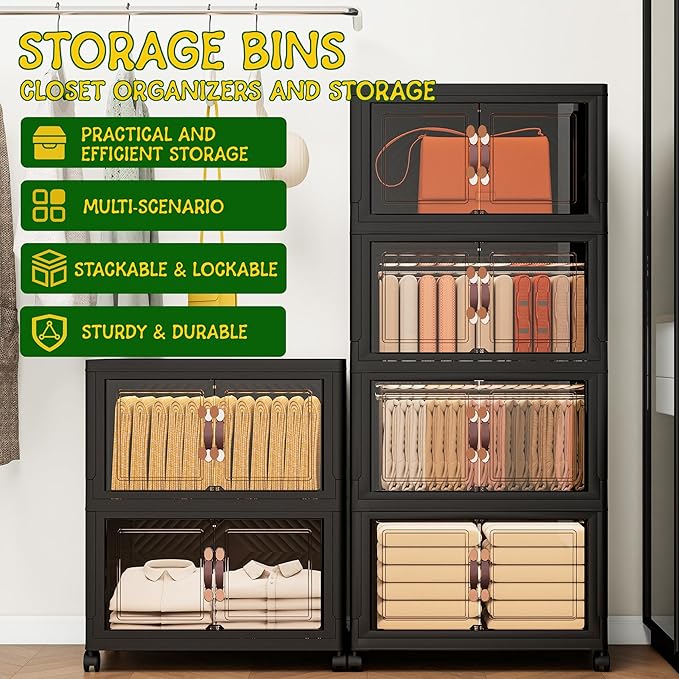 Storage Bins with 2 Lids and Wheels, Collapsible Bathroom Storage Cabinet with Clear Doors, Plastic Stackable Closet Organizers and Storage Containers Black 597 QT