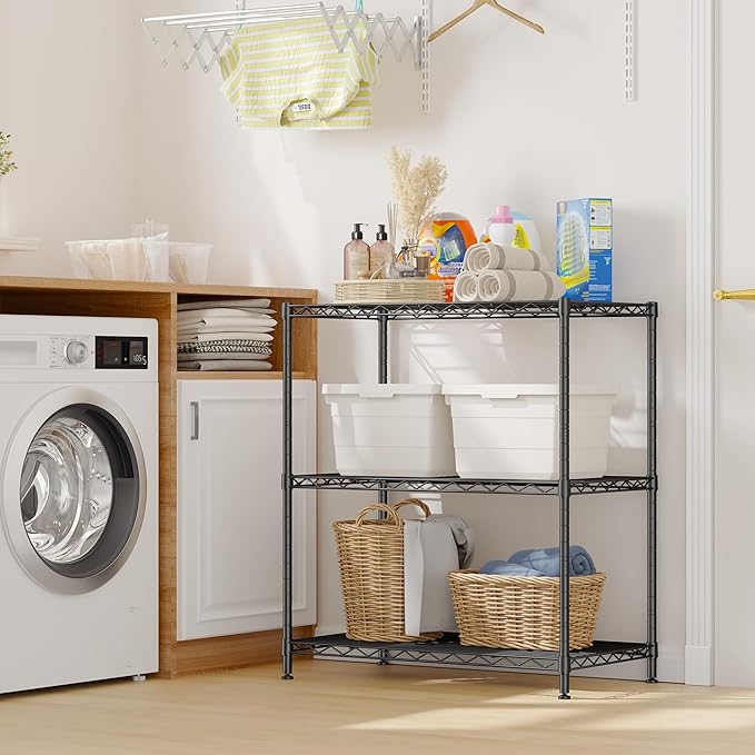 450LBS Storage Shelves 3 Tier Metal Shelving Unit Adjustable Wire Shelving Storage Rack Pantry Shelves for Kitchen Laundry Office Dorm Closet Bathroom 24" W x 30" H x 14" D Black