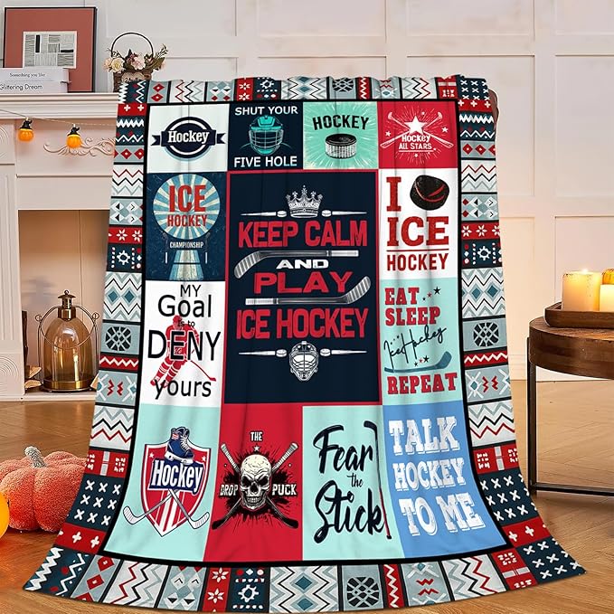 Ice Hockey Blanket, Hockey Player Throw Blanket, Sports Gifts Blankets Stuff Fleece Flannel Plush for Men Boys Women Girls Lovers Adults Soft Bedding Gift for Sofa Bed Office Home Decor 60"x50"
